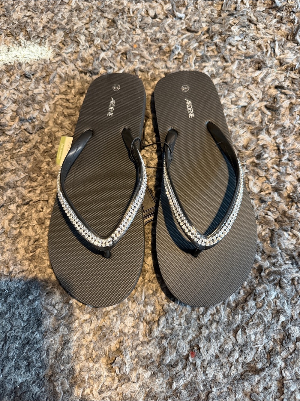 Ardene Black Flip Flops with Clear Rhinestone Straps